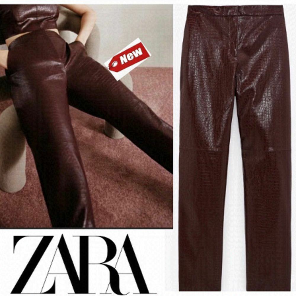 Zara maroon burgundy croc embossed faux leather high waisted pants Sz XS NWT
